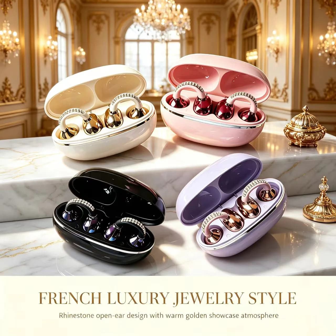 Luxury Rhinestone OWS Open Ear Clip Bluetooth Earbuds Bluetooth 5.4 Wireless Headset Stereo Sound Sports Earphones With Mic