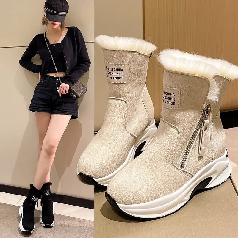 Women's Winter round Toe Fleece Lined Low Cut Zipper Snow Boots Casual Short Booties Polyester Inner Flat Bottom