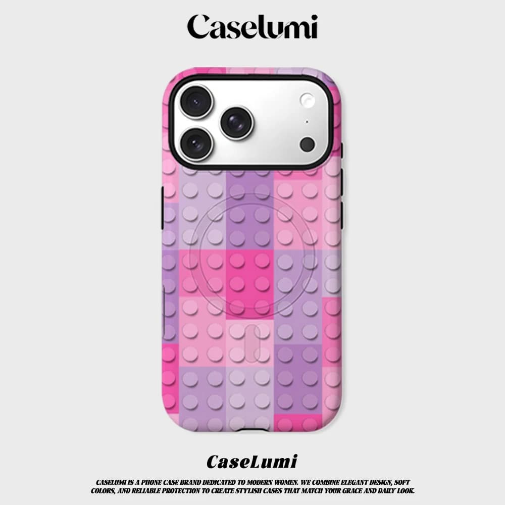 Cover CaseLumi Opaca Antiurto per iPhone 17 16 15 Plus Pro Max con Bumper per MagSafe, in PC Rigido, Rosa Viola, Design Mattoncini