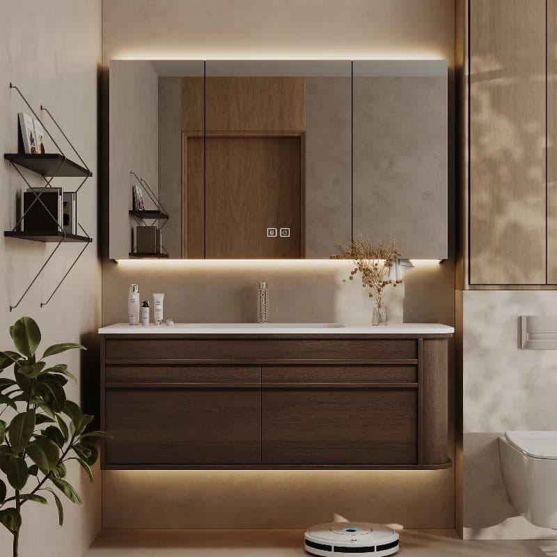 Modern Warm Wood Bathroom Vanity With A Custom Backlit LED Mirror Cabinet And White Stone Counter Top, Integrated Basin Floating