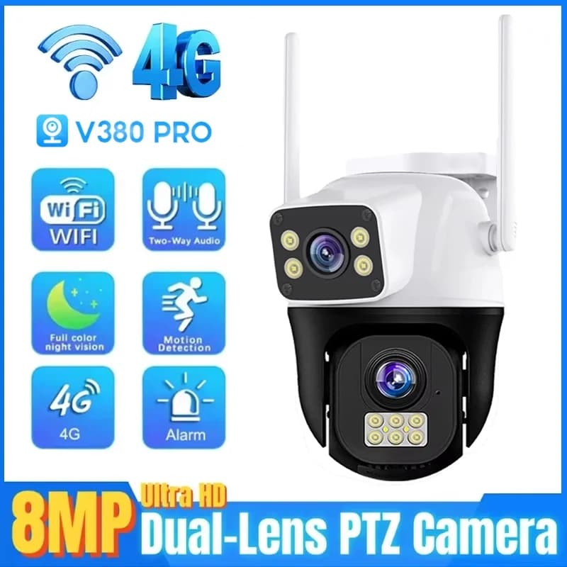 Telecamera con scheda SIM 8MP 4G Doppia lente Doppio schermo Wireless WiFi Sorveglianza esterna Rilevamento umano Protezione di sicurezza Telecamere IP PTZ