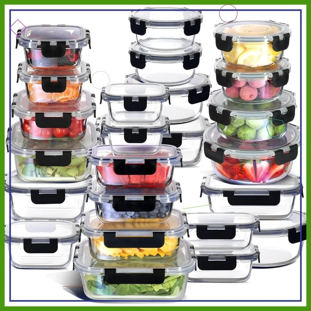 Set di 48 Contenitori in Vetro Ermetici per Alimenti con Coperchi, Adatti al Congelatore, Senza BPA, per Preparazione Pasti e Pranzo