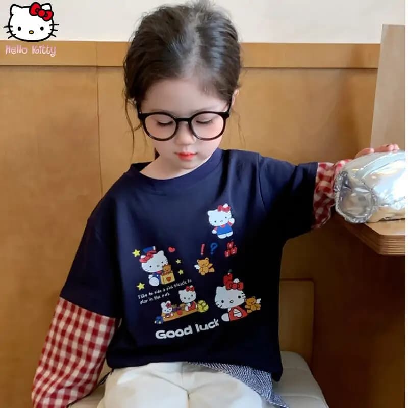 Maglietta a Maniche Lunghe per Ragazze Anime Hello Kitty, Moda Primavera-Autunno, Maglietta Base Kawaii per Bambini, Top Casual Morbido e Dolce