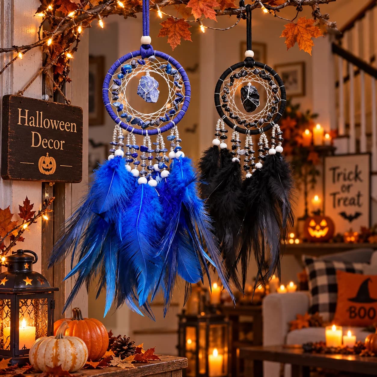 G1 Crystal Dream Catcher Halloween Decoration Feather Wall Hanging Boho Home Decor Bedroom Ornament Handmade Gift