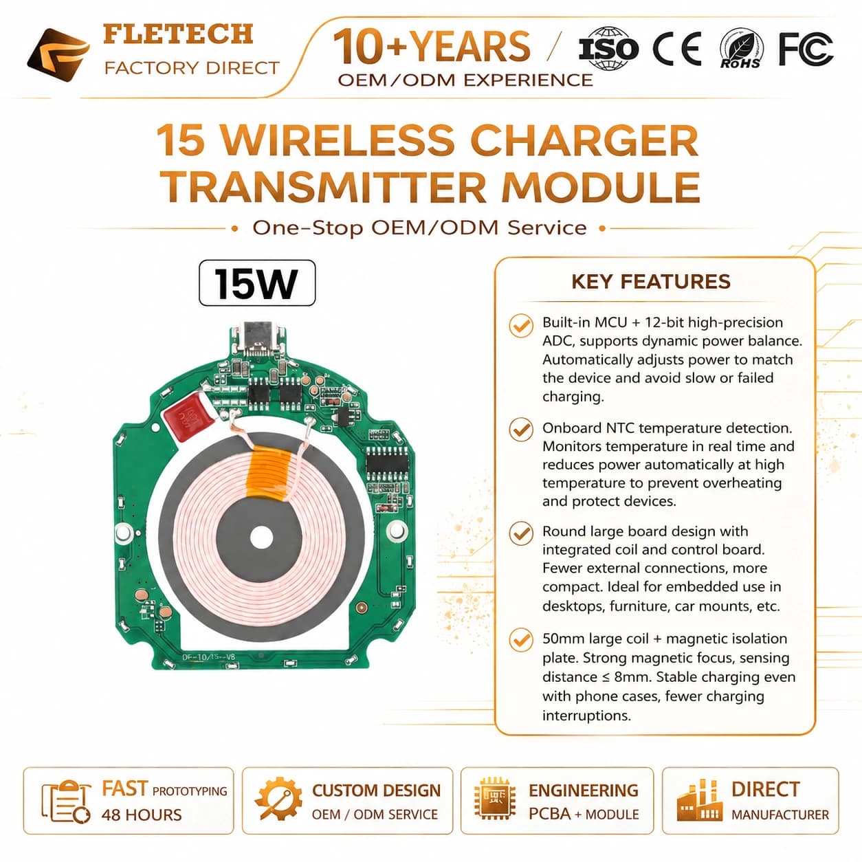 Modulo Trasmettitore PCBA per Ricarica Wireless Rapida QI 15W, Bobina 5V9V12V, Caricatore Wireless Type-C Fai-da-Te per RV