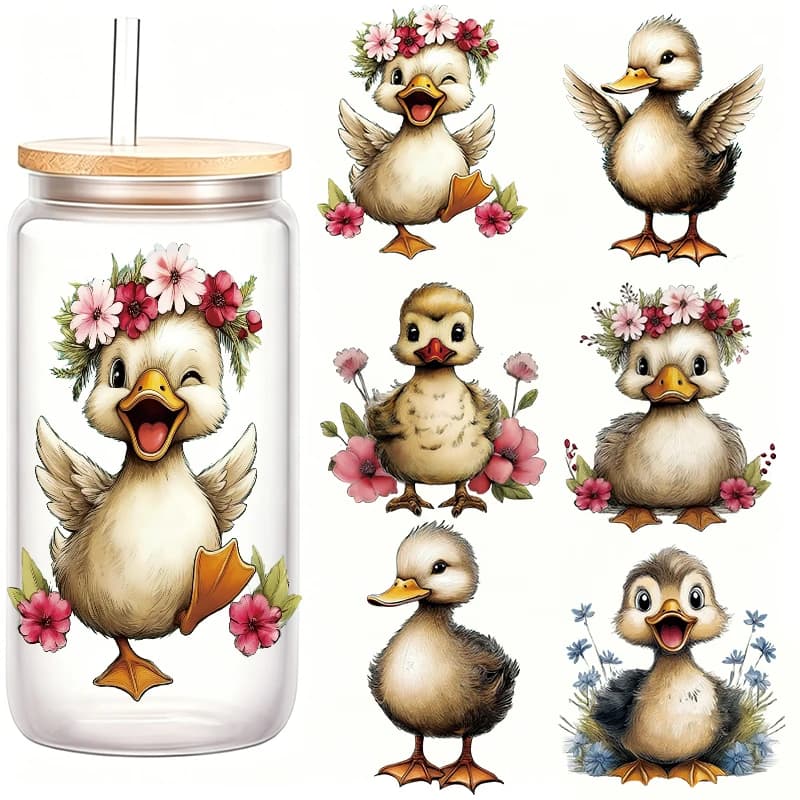 6 Pezzi Adesivi Floreali con Paperelle Carine, Decalcomanie Vintage ad Acquerello UV DTF per Bicchieri in Vetro, Forniture Fai-da-te per Artigianato