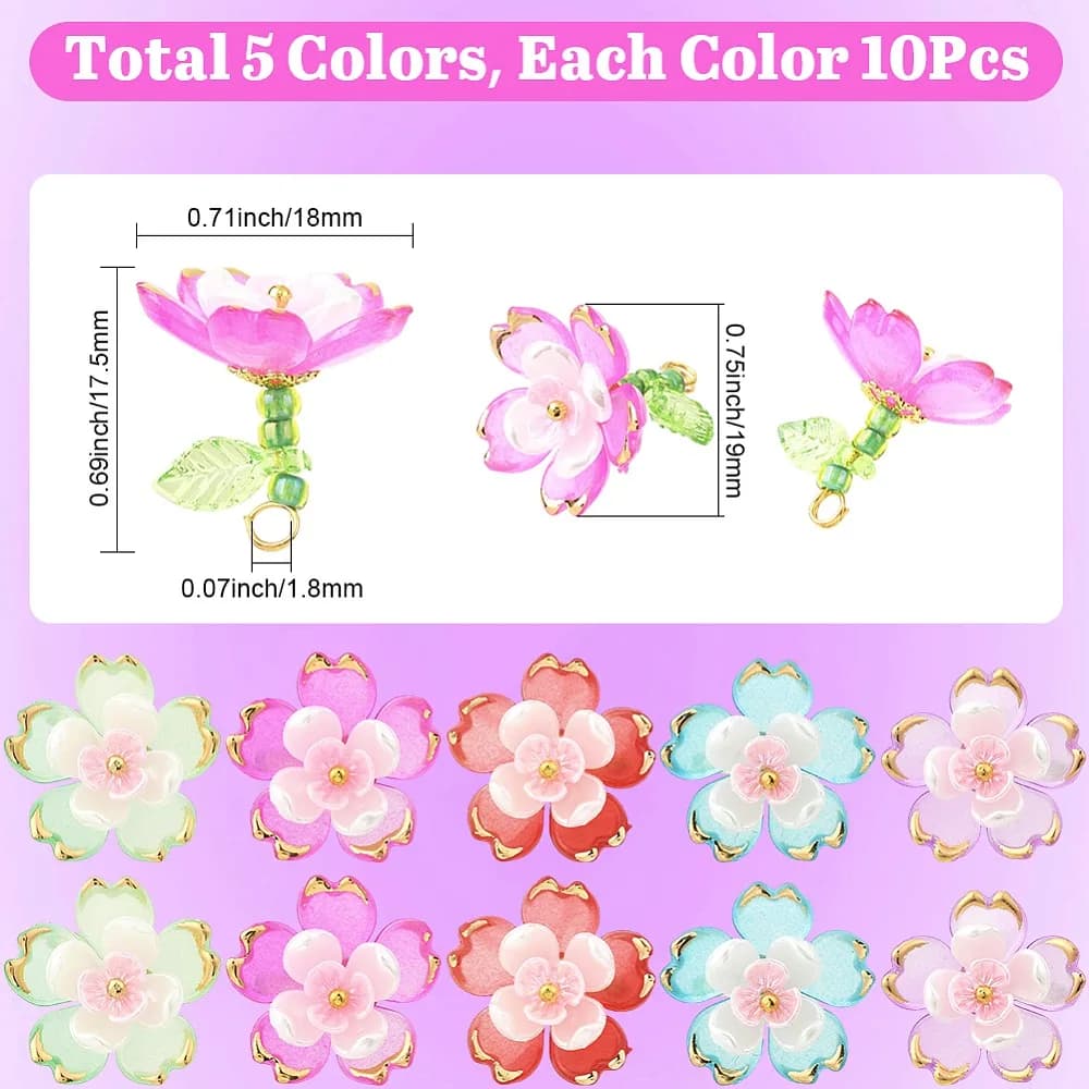 50Pcs 5 Colors Transparent Acrylic Pendants with Glass Seed Beads Flower Golden Metal Enlaced Mixed Color 17.5x18x19mm
