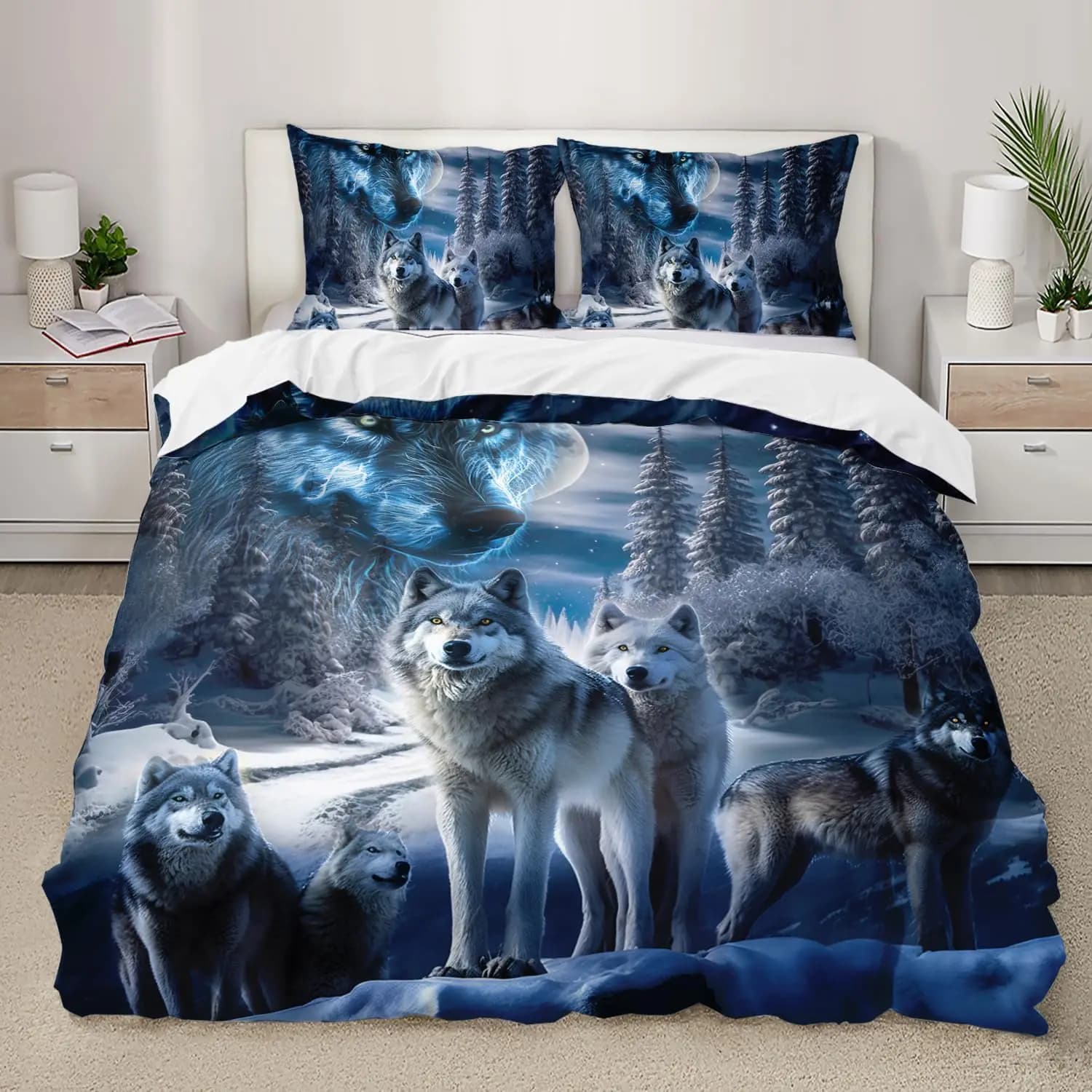 Set copripiumino Snow Wolf Set completo Queen Night Galaxy Stellato Lupo Copripiumino Animali selvatici Set biancheria da letto a tema lupo 2/3 pezzi
