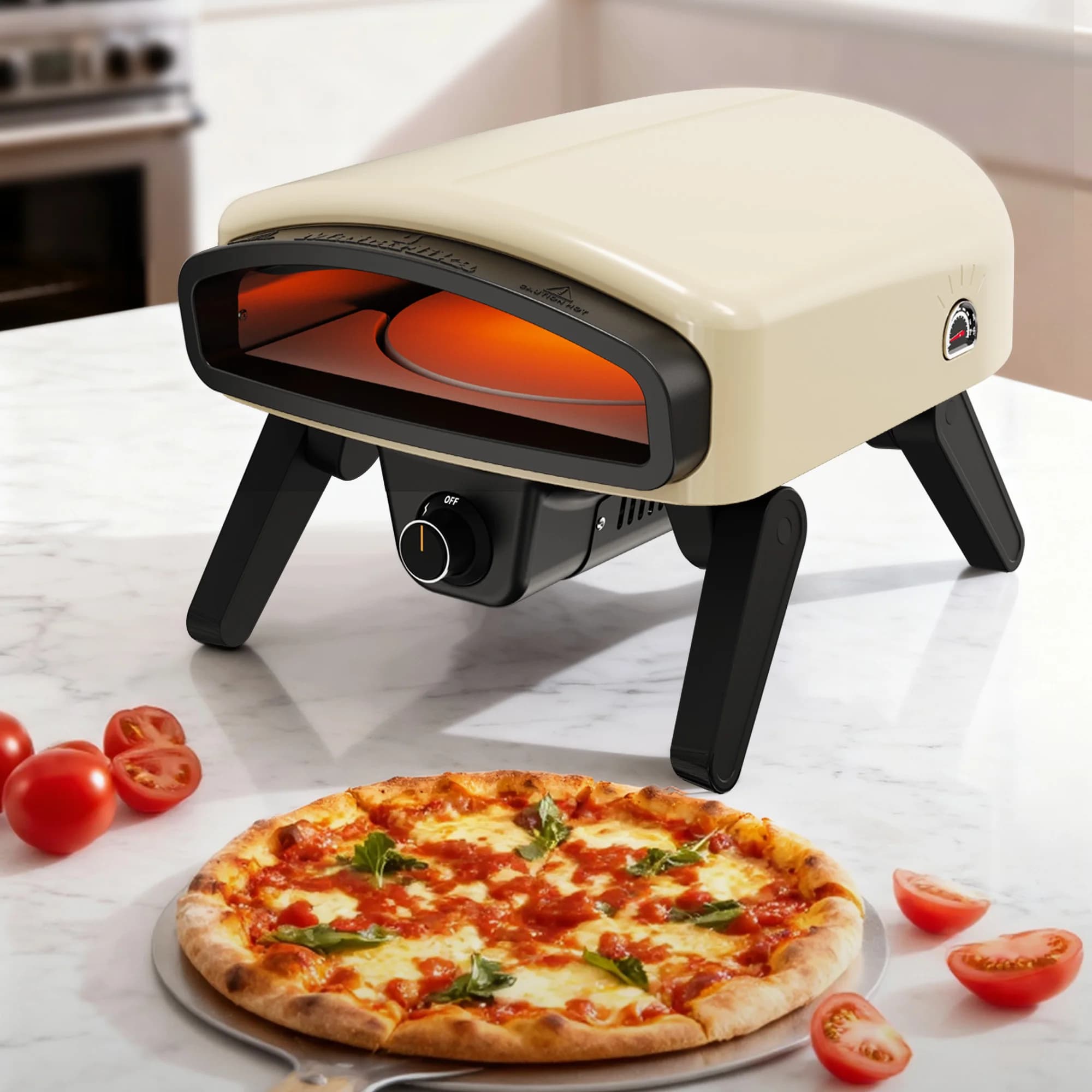 Outdoor 14 Inch Gas Pizza Ovens With Rotatable Round Stone Portable Built-in Thermometer
