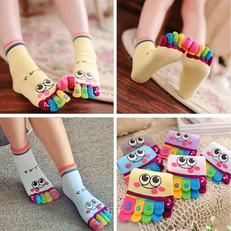 3pairs//Cartoon printed toe socks//Colorful five toe sports running socks//Women's polyester knitted fabric//Cute cartoon split toe socks!!