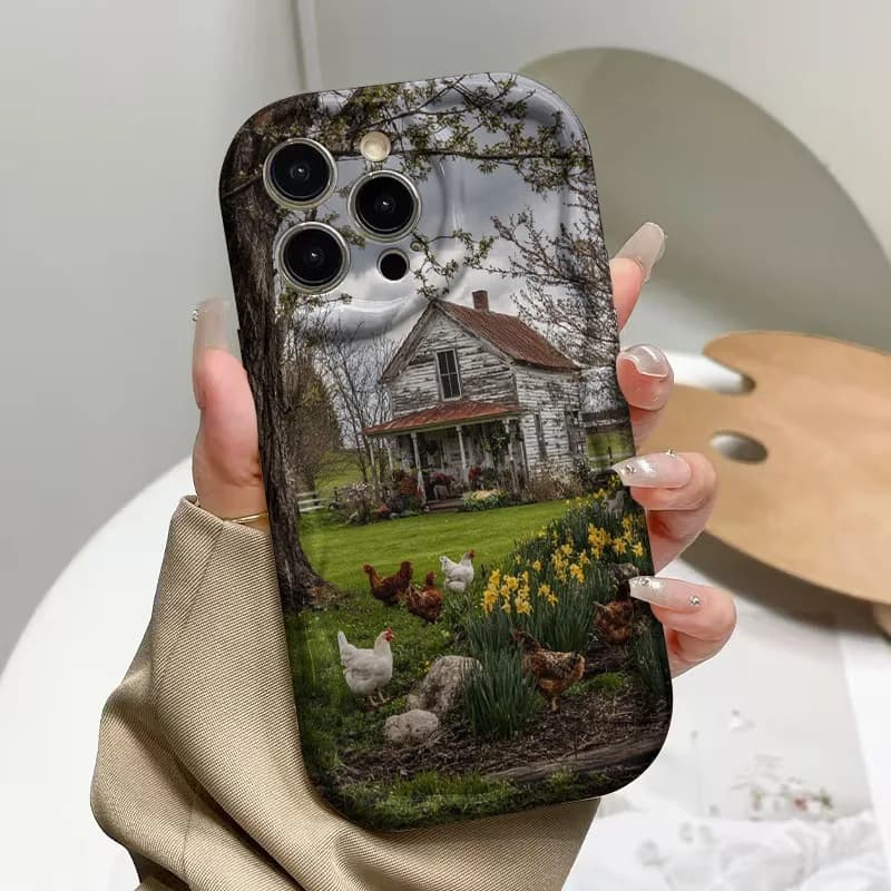A curly wavy bezel white phone case, spring pastoral phone case with country for iPhone 17/16e/16/15/14/13/12/11 series