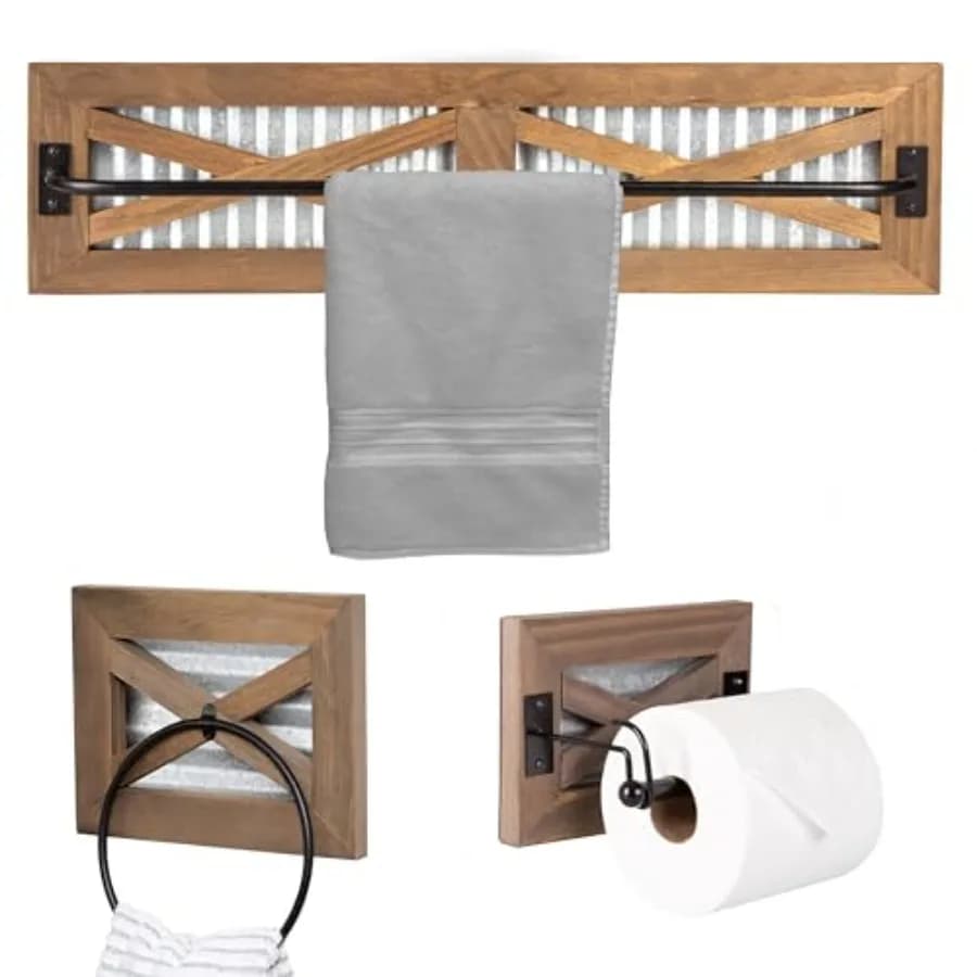 Bathroom towel bar and toilet paper holder set with towel ring: barnwood and galvanized backing, black metal bar, rustic farmho