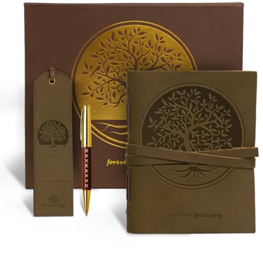 Leather Bound Journal for Men and Women, Handmade Gift Set with Tree of Life Embossed Journal and Stylish Pen, Vintage and Clas