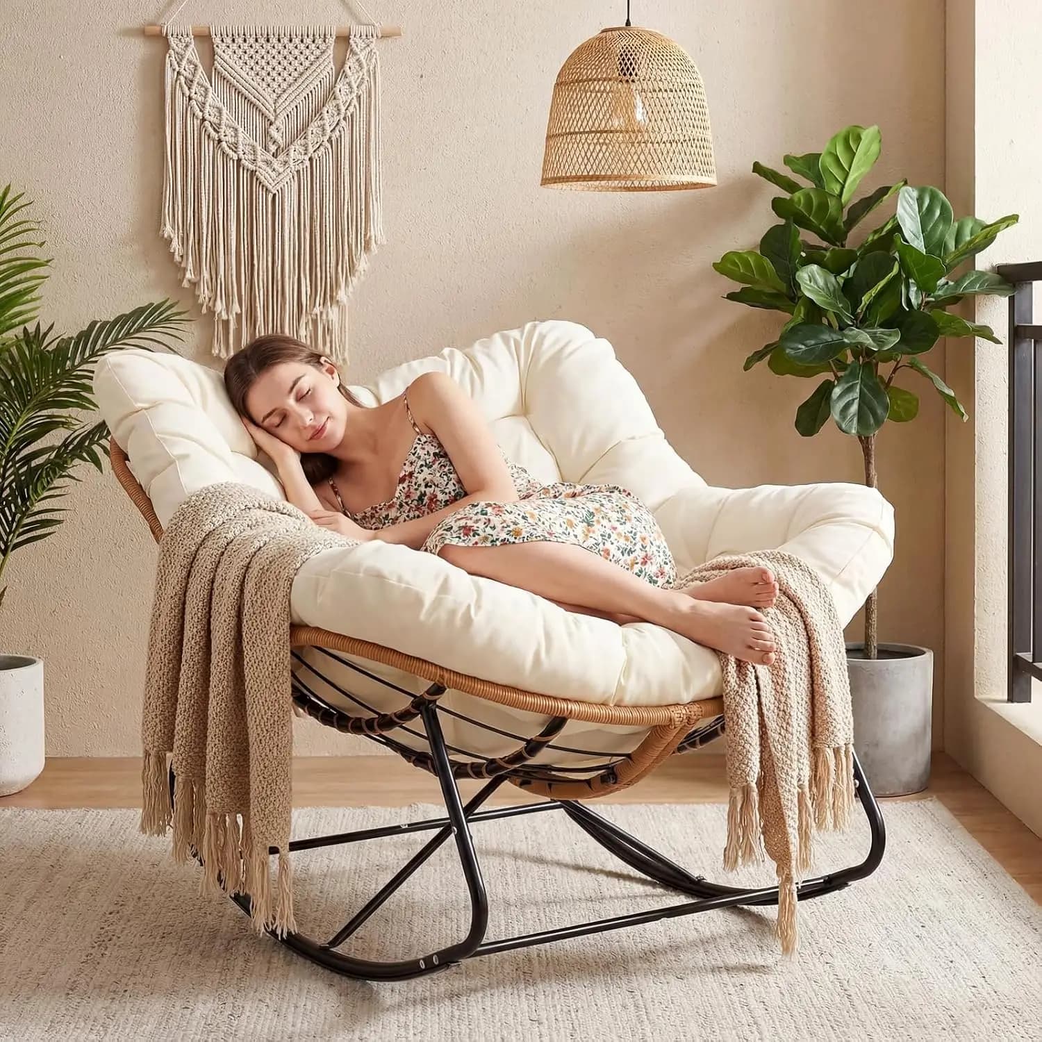 Oversized Outdoor Papasan Rocking Chair, Padded Lounge Rocker Chair with Cushion, Comfy Wicker Egg Lounge Chair, Large Indoor Rocking Recliner for Porch Garden, Beige, 1 Pack