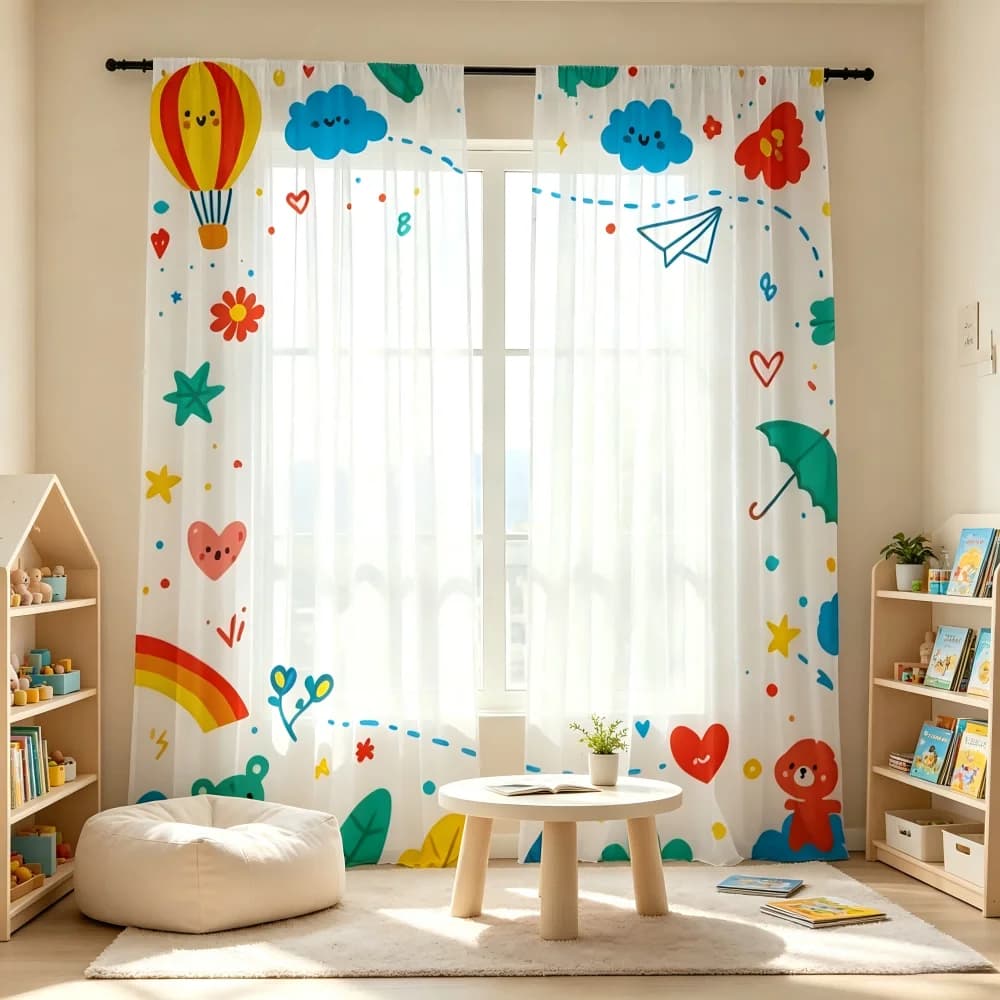 2PCS Digital Print Sheer Curtain, Children's Drawing Doodle, Cute Kid Art - Voile Drapes for Bedroom Living Room Decor