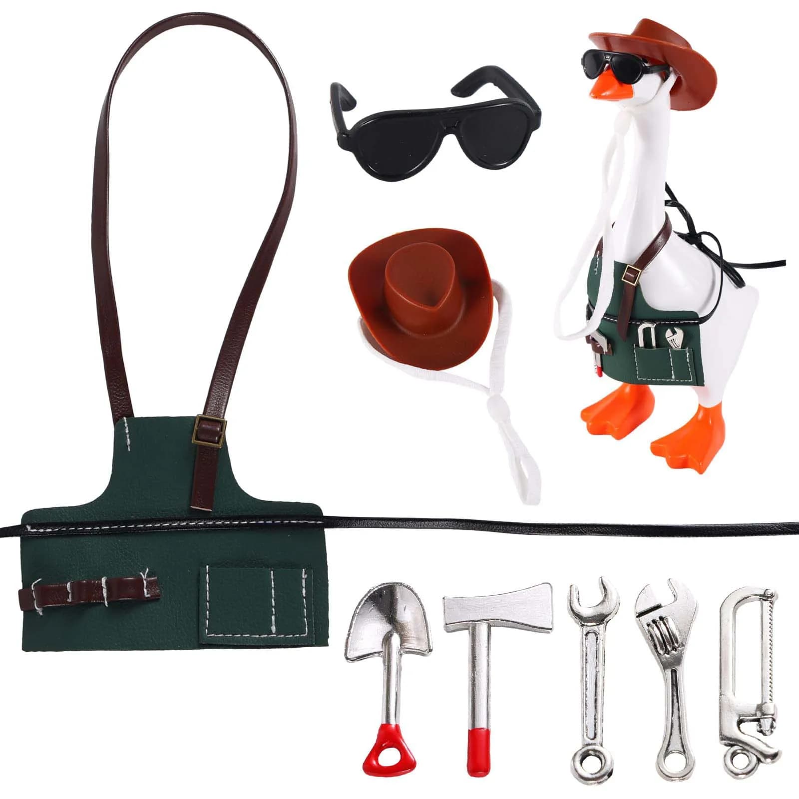 Desktop Goose Outfit,Apron with Hat Sunglasses Hand Tools Goose Statue Clothes Home Decor
