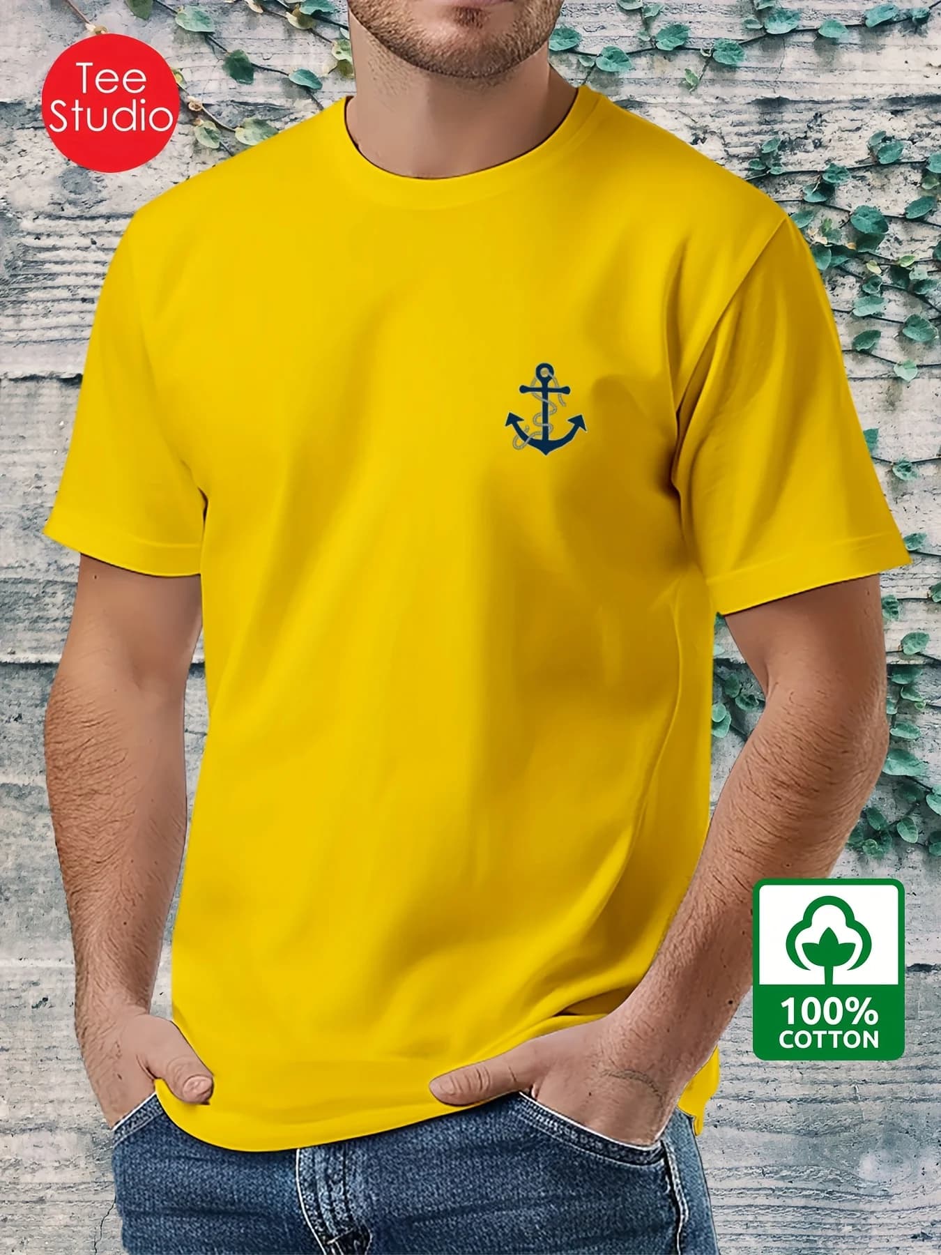 T-shirt da uomo a maniche corte con scollo tondo stampato con motivo all'ancoraggio a barca allentato casual alla moda in puro cotone 100% puro