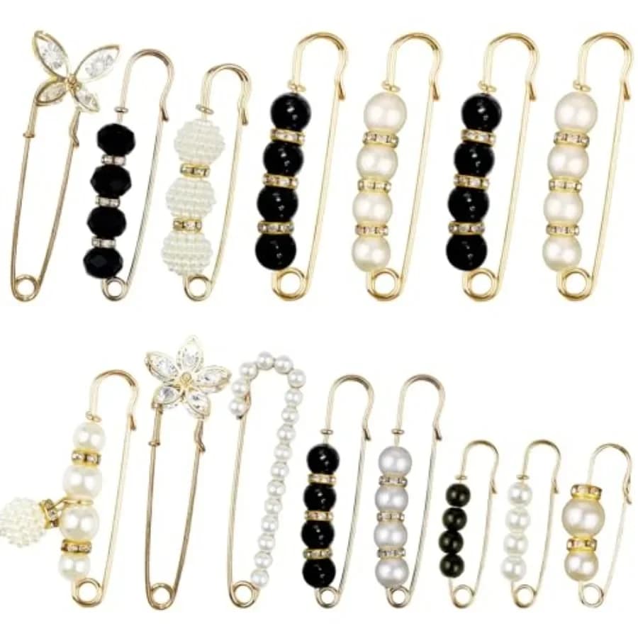 15 Pieces Pearl Brooch Safety Pins, Pant Waist Tightener Pins for Clothes Sweater Shawl Collar Dress Cardigan Shirt Jeans Decor