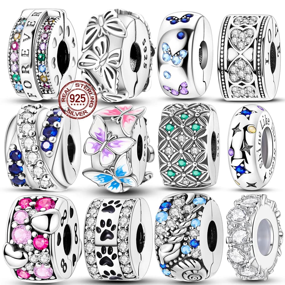 Misura perline originali con ciondoli in argento sterling 925 con clip, perline distanziatrici in silicone con zirconi per bracciale da donna, regalo fai da te
