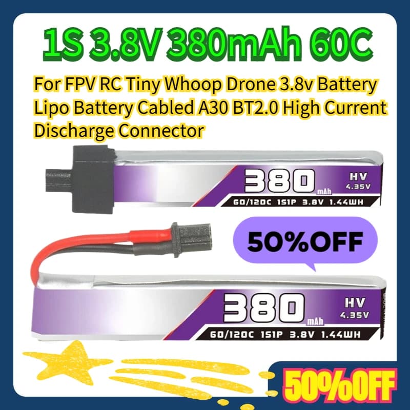 Batteria Lipo 3.8V 380mAh 60C per Drone FPV RC Tiny Whoop, con Cavo A30 BT2.0 e Connettore ad Alta Corrente