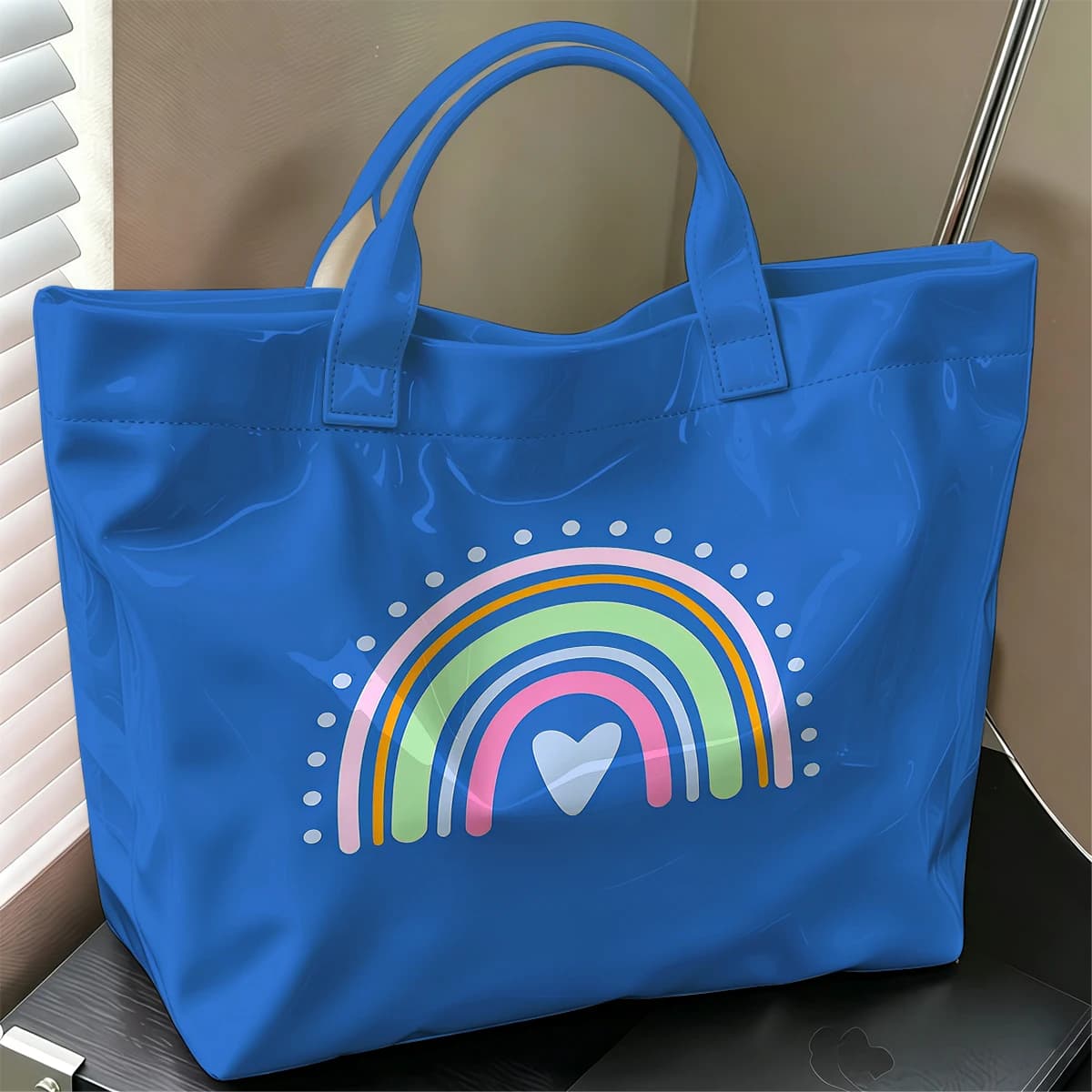 Rainbow Motif Fashion Large Glossy PVC Tote Bag Hand Washable Waterproof Perfect Travel Commute Cosmetic Storage Shopper