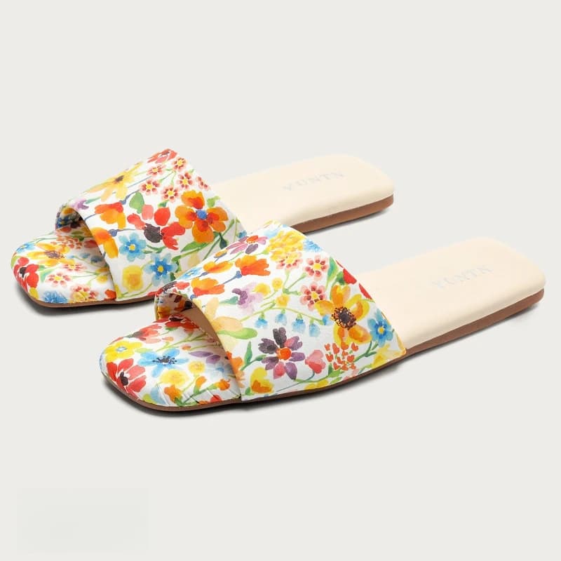 Chinese Style Colorful Printed Flat Slippers Women 2026 Summer Open Toe Square Toe Slide Sandals Comfort Designer Home Slippers