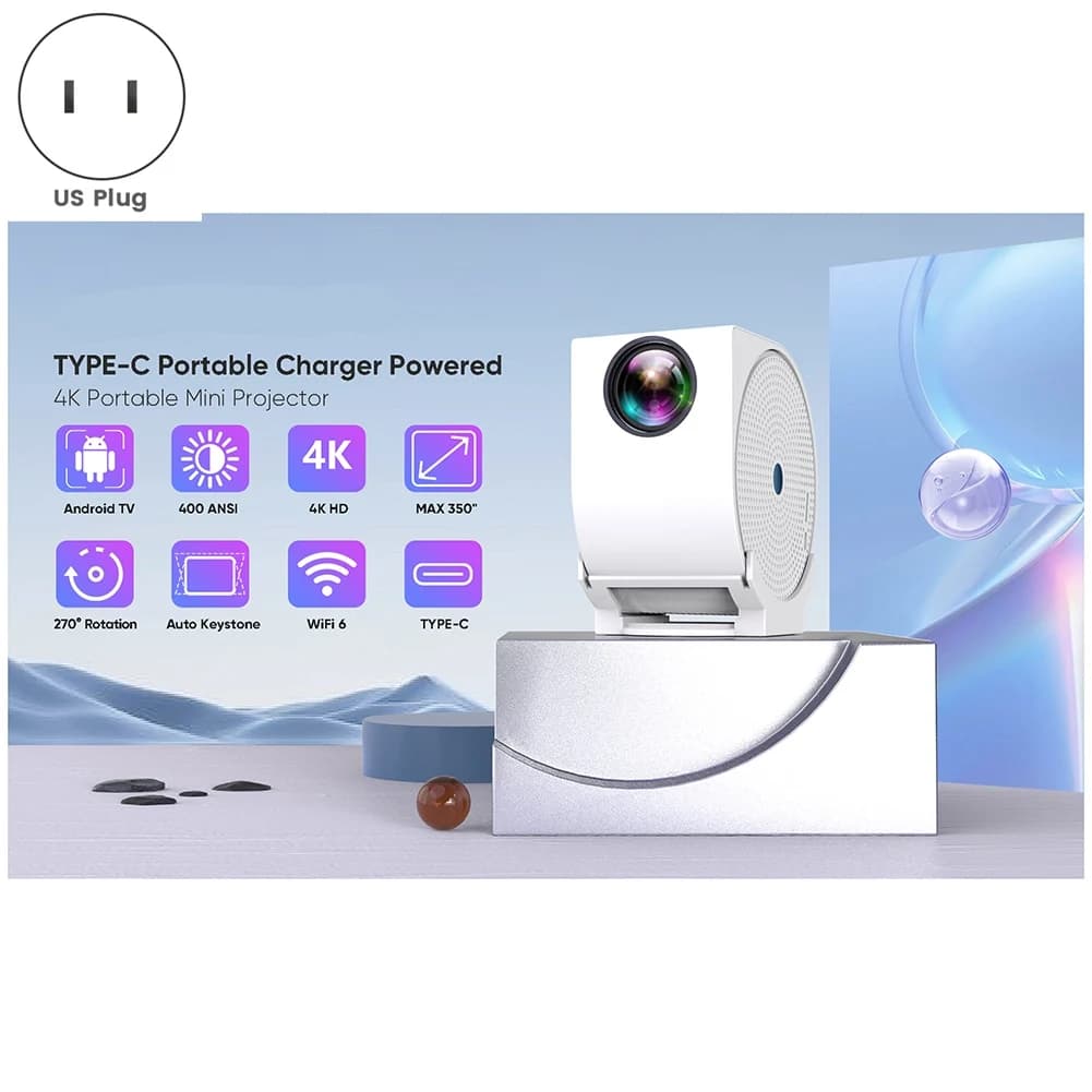 Mini proiettore AM38M TIPO C 4K 400ANSI con WIFI e Bluetooth, videoproiettore per film BT5.2 4K con 270 ° SPINA USA ruotabile