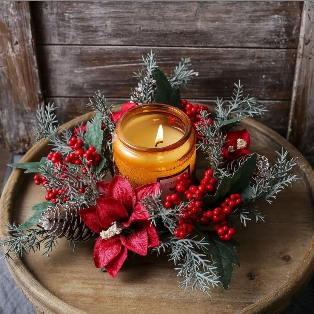Artificial Berries Pinecone Pine Christmas Wreath Party Decoration Xmas Candle Wreath Candlestick Wreaths Table Home