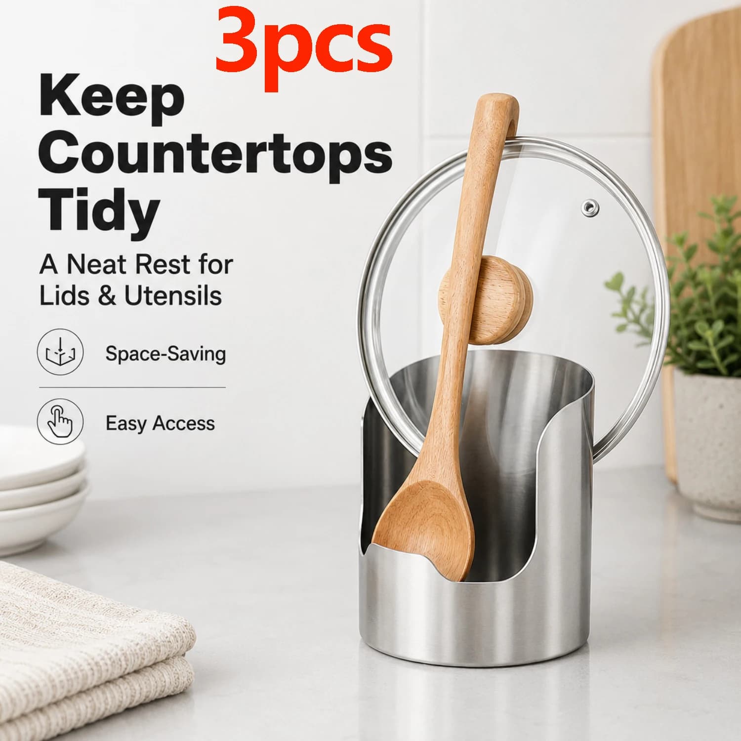 3pcs Stainless Steel Pot Lid Utensil Holder Multipurpose Kitchen Organizer Countertop Storage for Spoons Ladles Cutting Boards