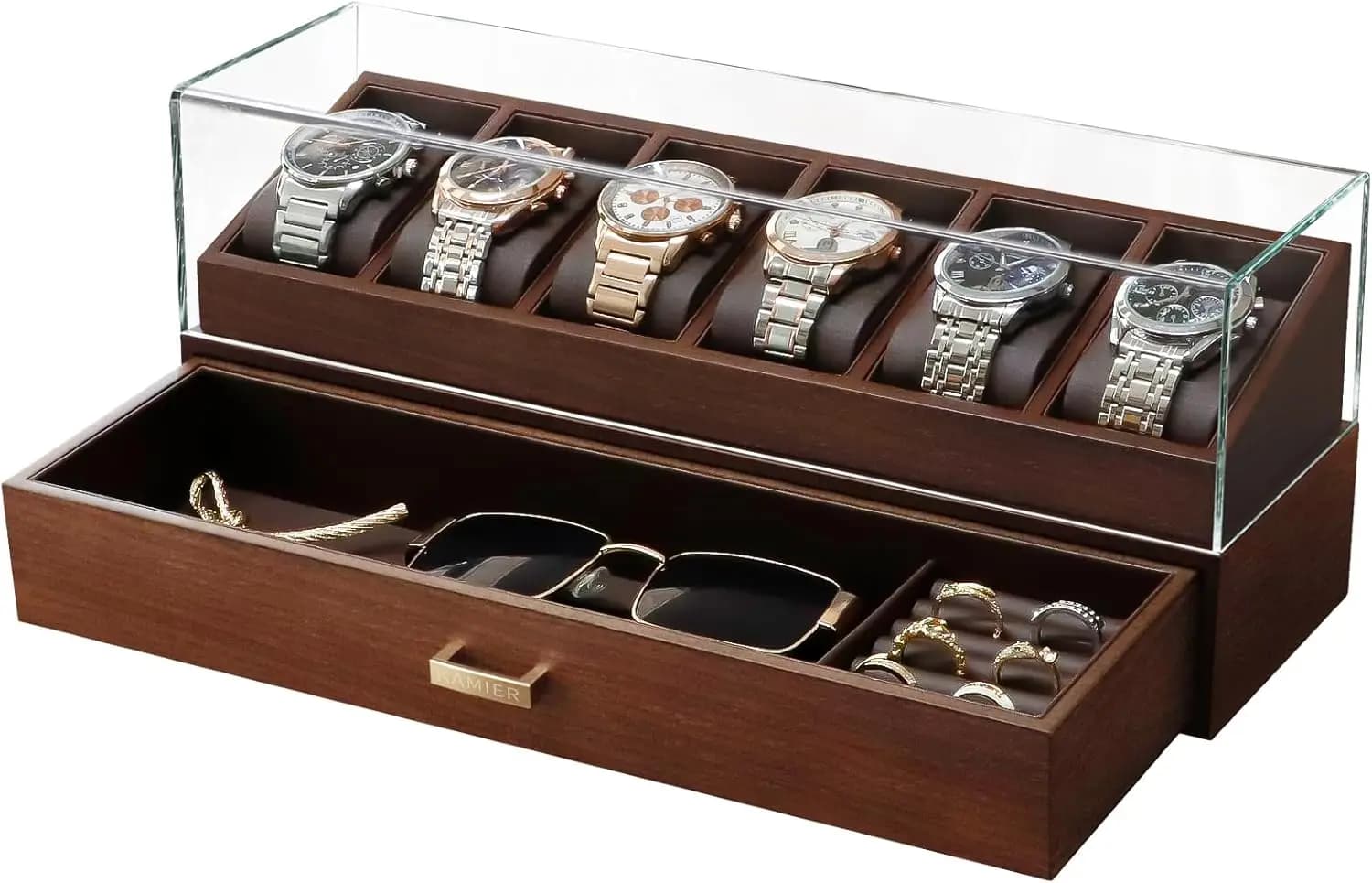 Scatola Porta Orologi in Legno con 6 Scomparti e Coperchio in Vetro - Organizzatore di Gioielli a 2 Livelli per Uomo - Espositore per Orologi, Regalo Aziendale Ideale, Noce
