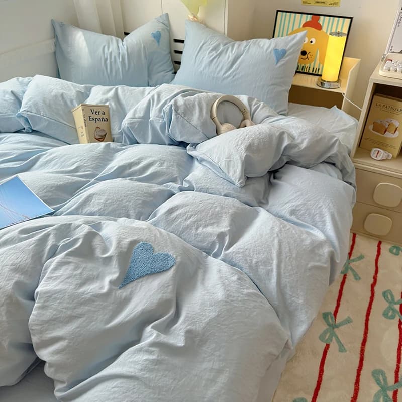 Ins Soft Skin Friendly Washed Green Heart Towel Embroidered Three or Four Piece Set 1.5M1.8 Bed Sheet, Hat and Duvet Cover