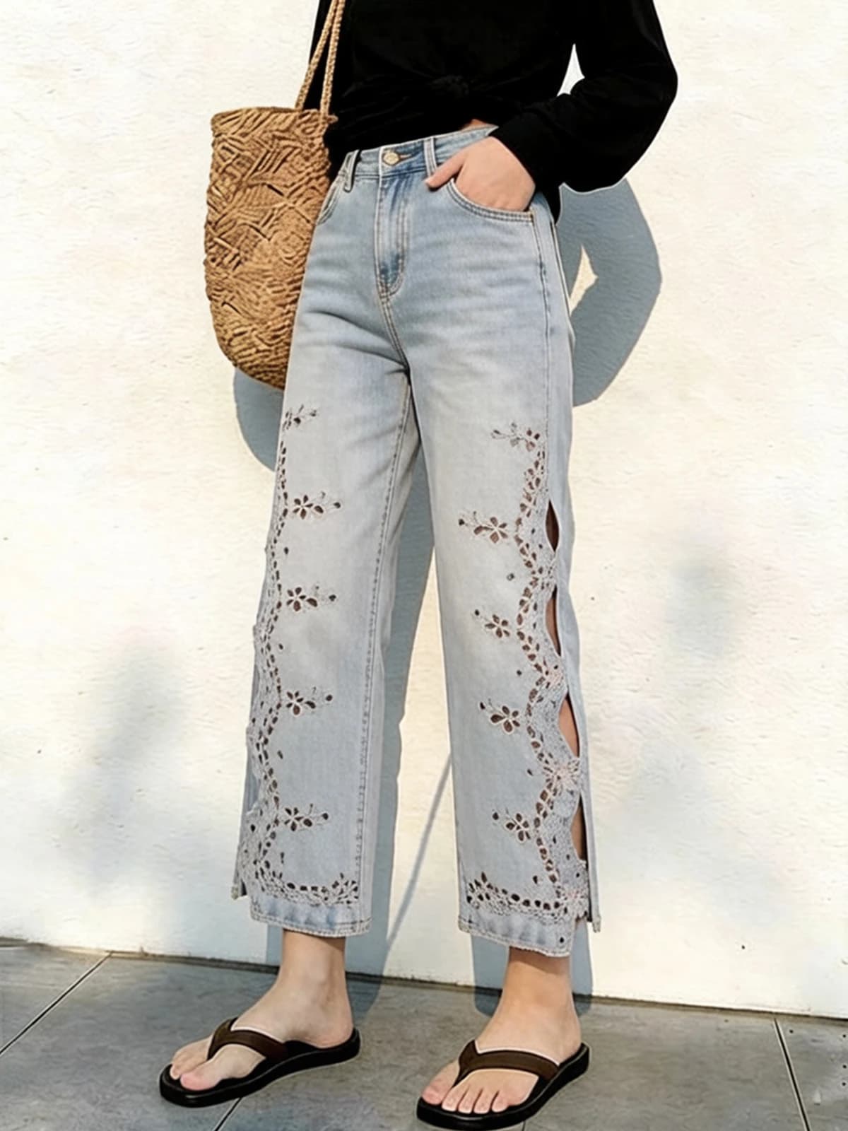 Blue Wide Leg Denim Jeans Women's New 2025 Summer Design Hollow out Flower High Waist Loose Straight Leg Pants Casual Style