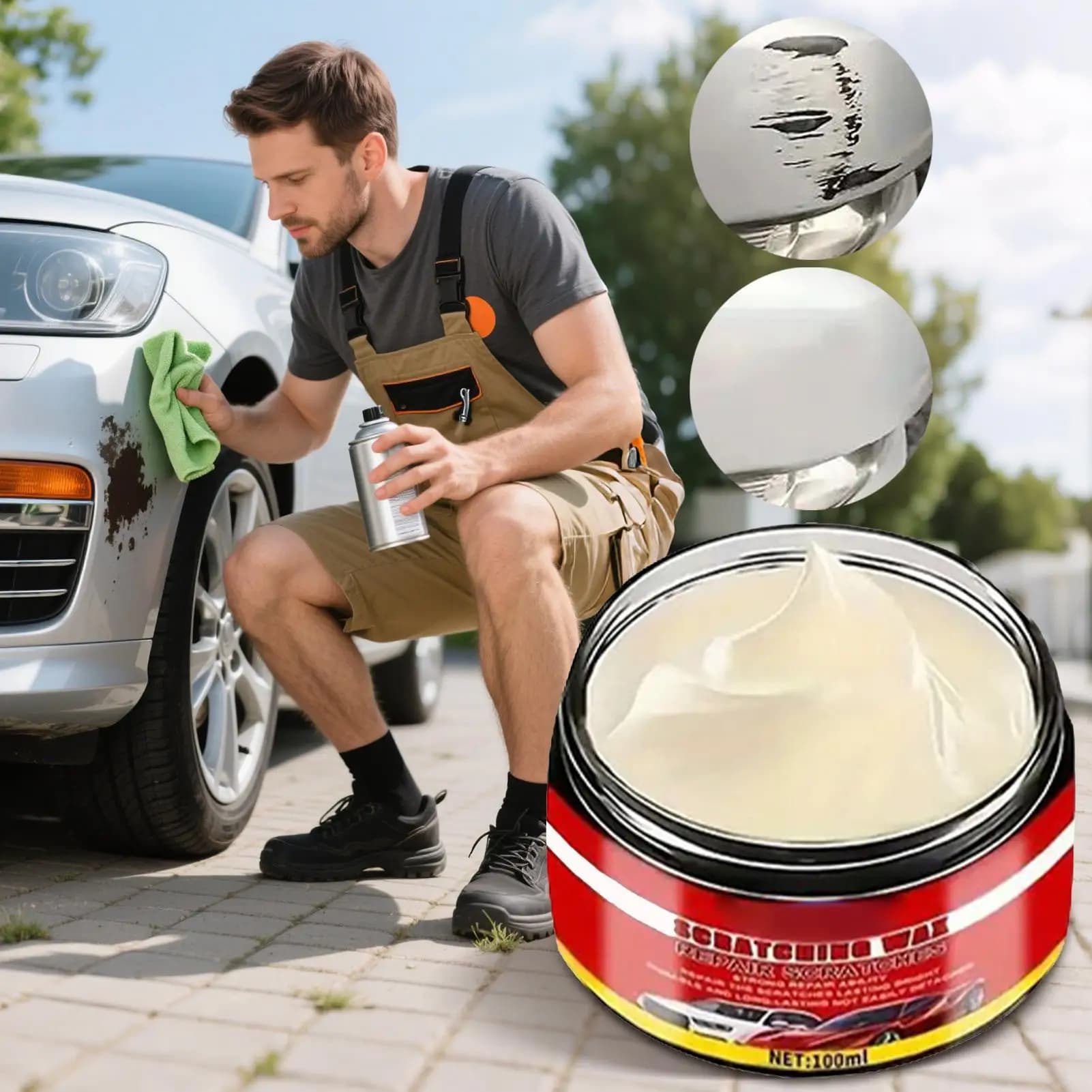 Cera Riparatrice per Graffi Auto 100ml, Detergente e Restauratore a Lunga Durata con Spugna, Cura Efficace della Vernice per Auto, Barche e Superfici Marine