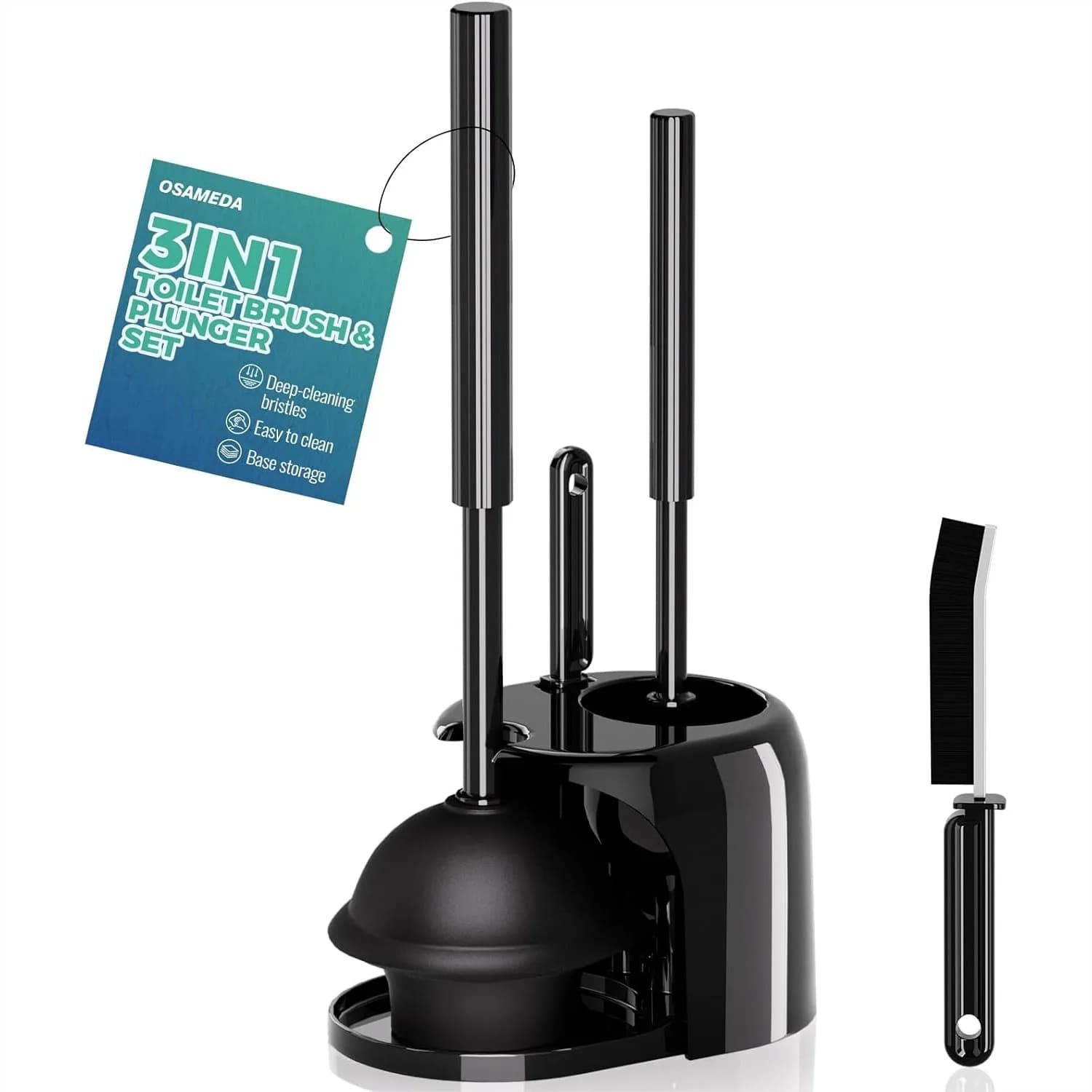 3-in-1 Toilet Brush and Plunger Set with Crevice Tool, Extra Long Handle, Black