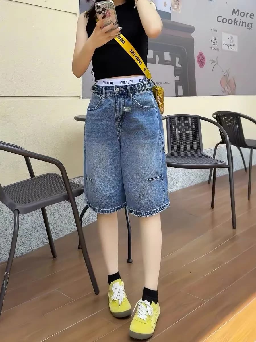 Loose Fit plus Size Five-Quarter Jeans Women's Summer Fashion 2026 New Style Plump Sister Big Kids Straight Leg Mid-Length Pants