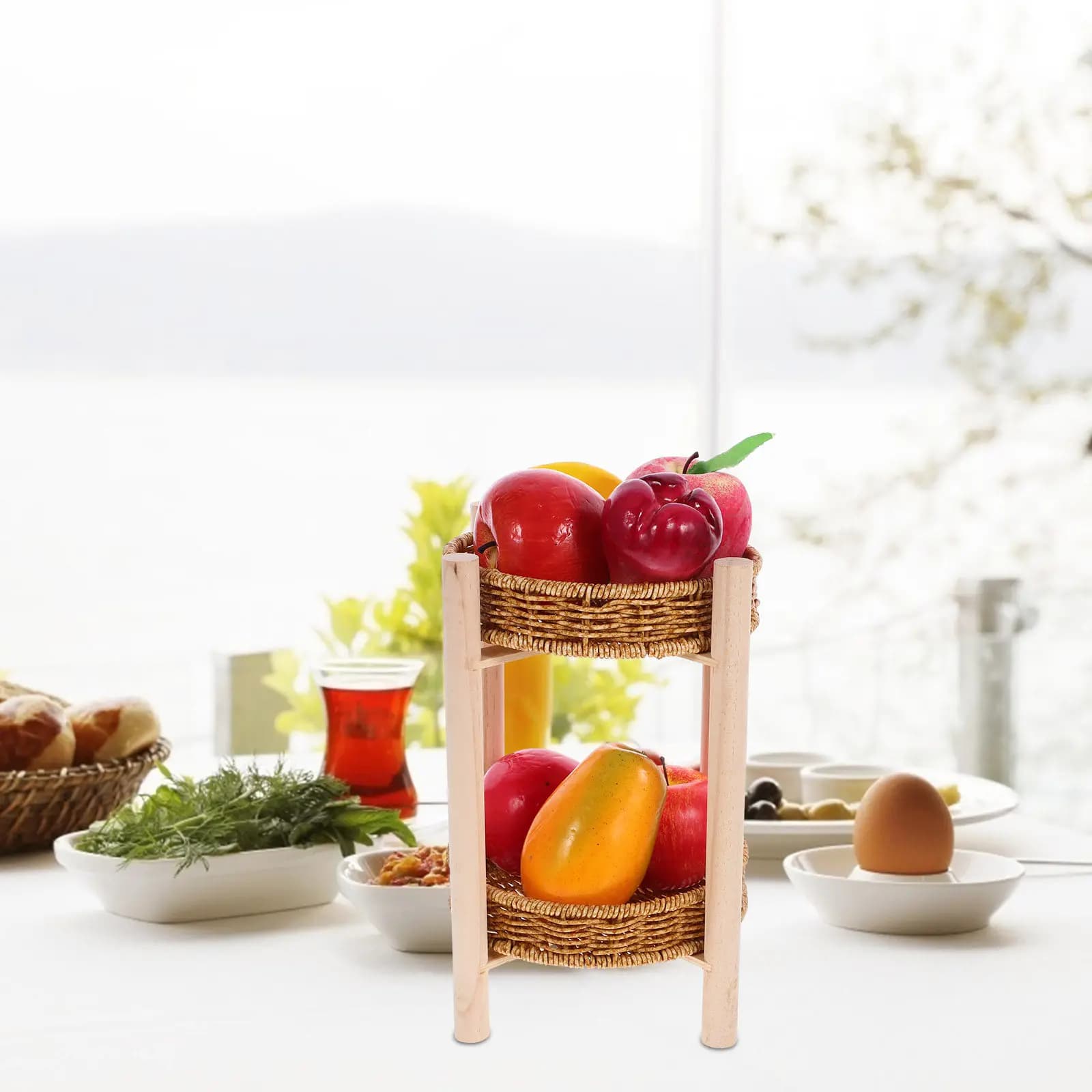 Set di 1 Cesto Portafrutta a Doppio Strato in Rattan Sintetico, Vassoio Rotondo per Snack, Frutta Secca, Pane, per Servire su Scrivania o in Ufficio