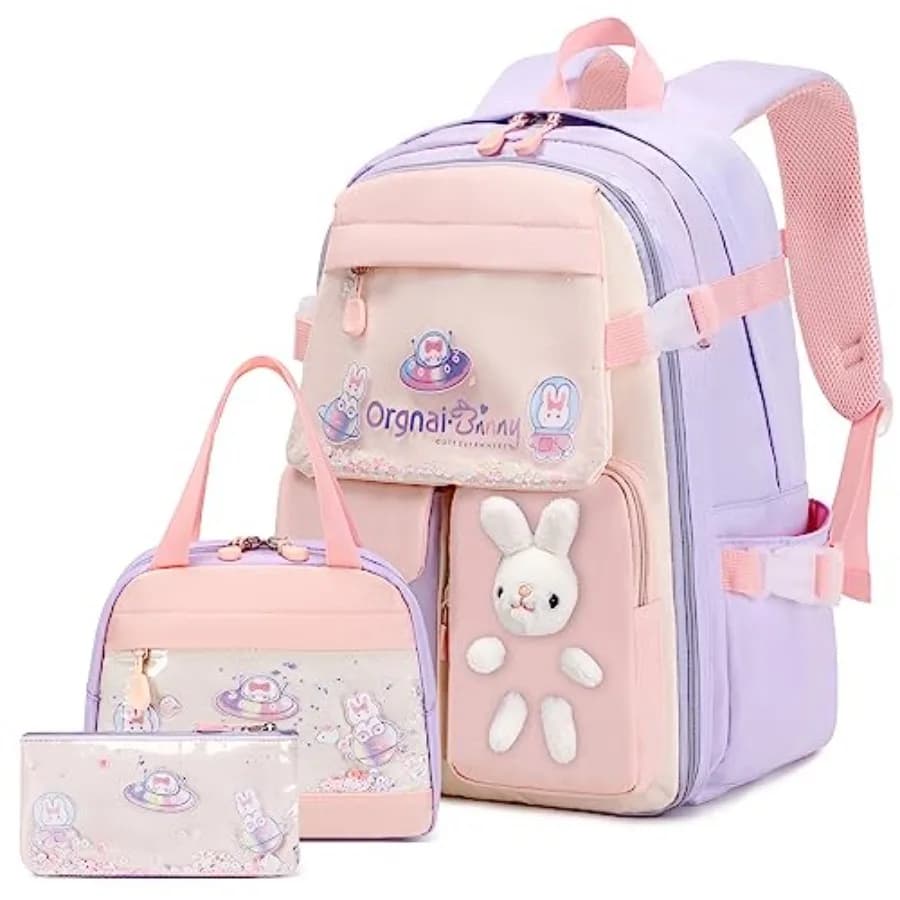 Set di Zaini per Ragazze 3 Pezzi, Zaino Kawaii con Coniglietto per Bambine, Zaini Scolastici per Asilo, Scuola Elementare e Media