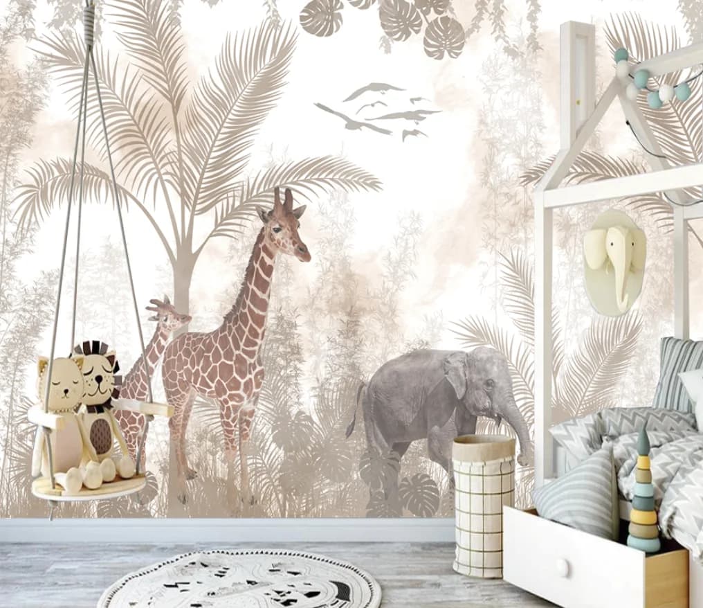 Carta da parati personalizzata foresta pluviale tropicale pianta foglia murale elefante giraffa decorazione animale pittura rosa bambini carta da parati 3d