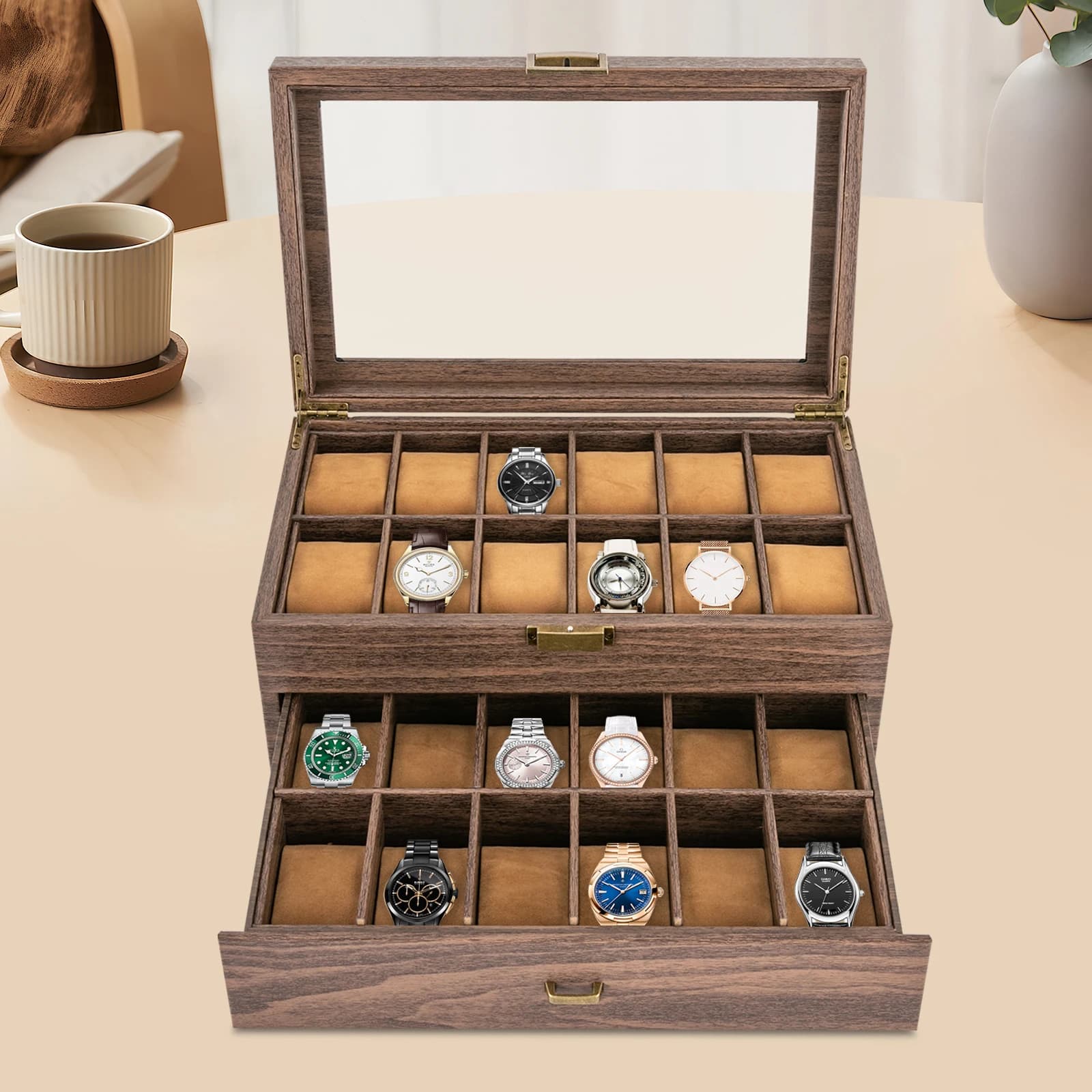 Scatola porta orologi, 2 strati, 24 scomparti, espositore per orologi con finestra trasparente, organizer per orologi, in legno