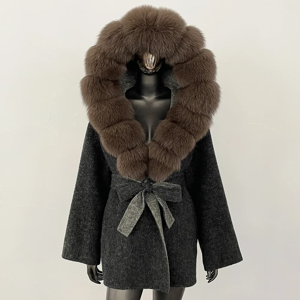 Elegant blend wool coat woman spring autumn jacket fur scarf dress soft fur shawl fur cuffs fur wraps scarves true fox fur neck