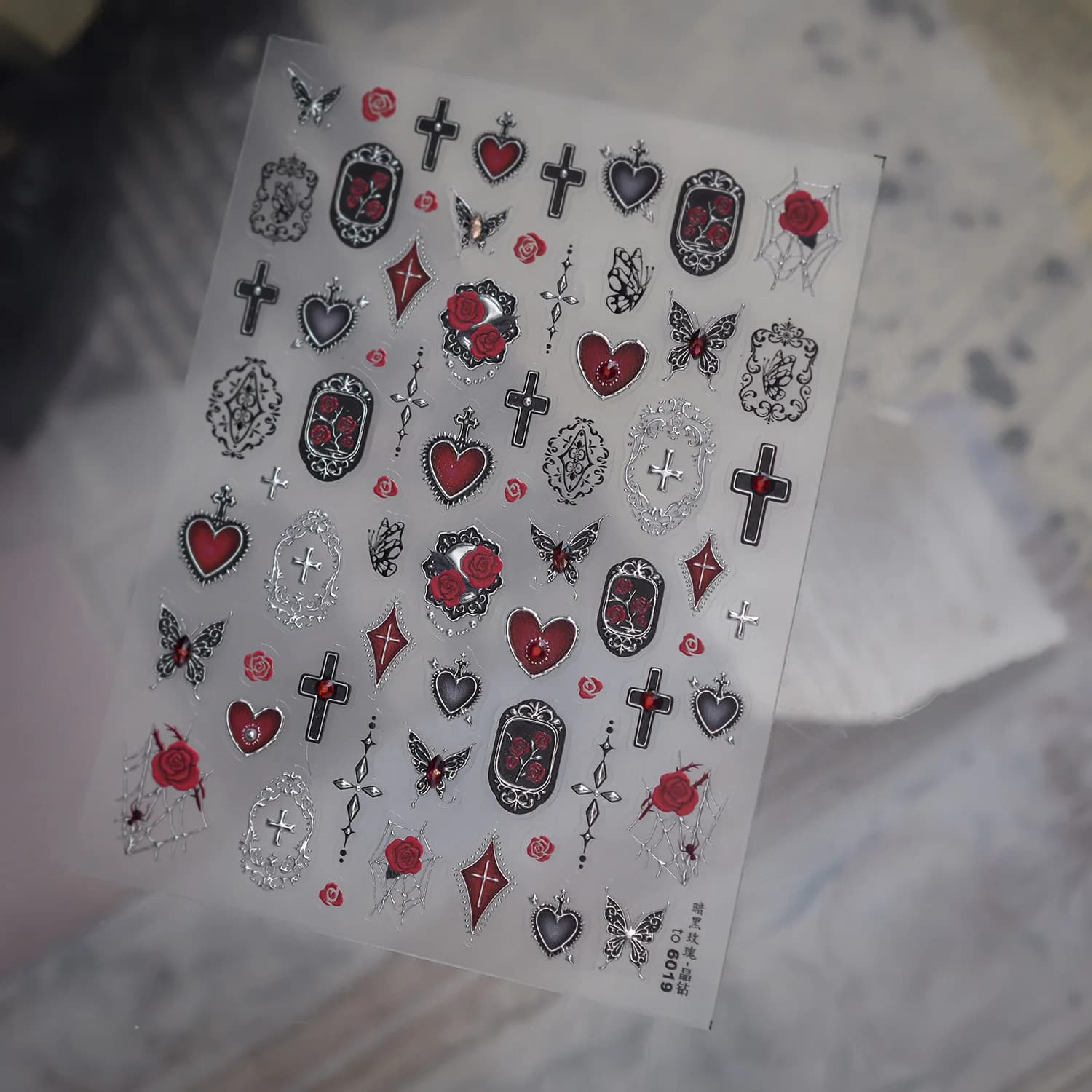 Halloween Gothic 5D Nail Art Sticker Red Rose Cross Red Heart Butterfly Vintage Carving Frame Rhinestone Self Adhesive Manicure