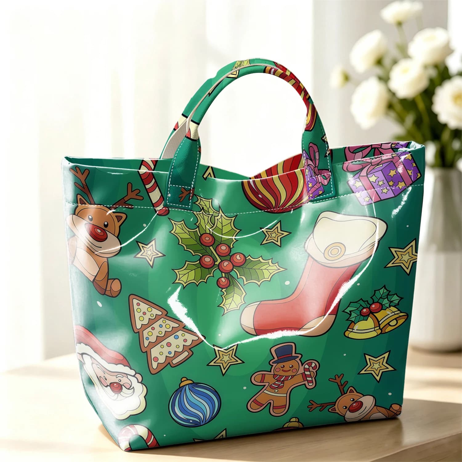 Christmas Icons Stylish Large Glossy PVC Tote Bag Washable Waterproof Durable Ideal for Travel Commute Cosmetics Books Handbags