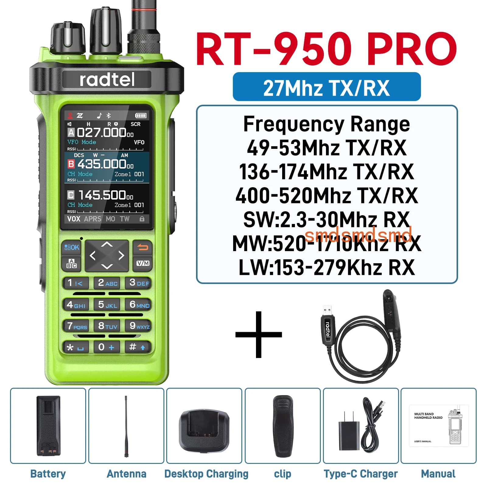 RT-950 Pro Verde + Cavo di Programmazione Walkie Talkie con GPS APRS 10W Bluetooth Programmazione Telefono Ham Radio RT-950PRO SSB