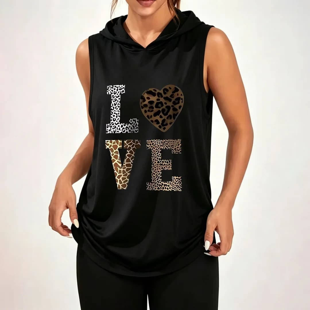 Unisex hoodie featuring a mixed animal-print heart and letter graphic; 100% polyester; loose-fitting, casual athletic top.