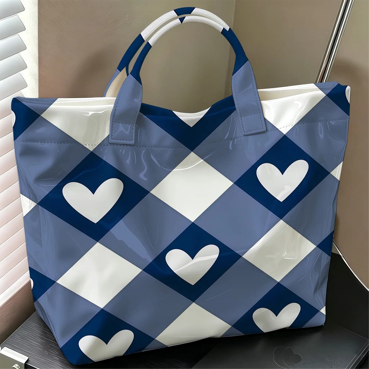 Navy Heart Plaid Hot Sale Large Glossy PVC Tote Bag Hand Washable Waterproof Great for Travel Commute Makeup Storage Handbags