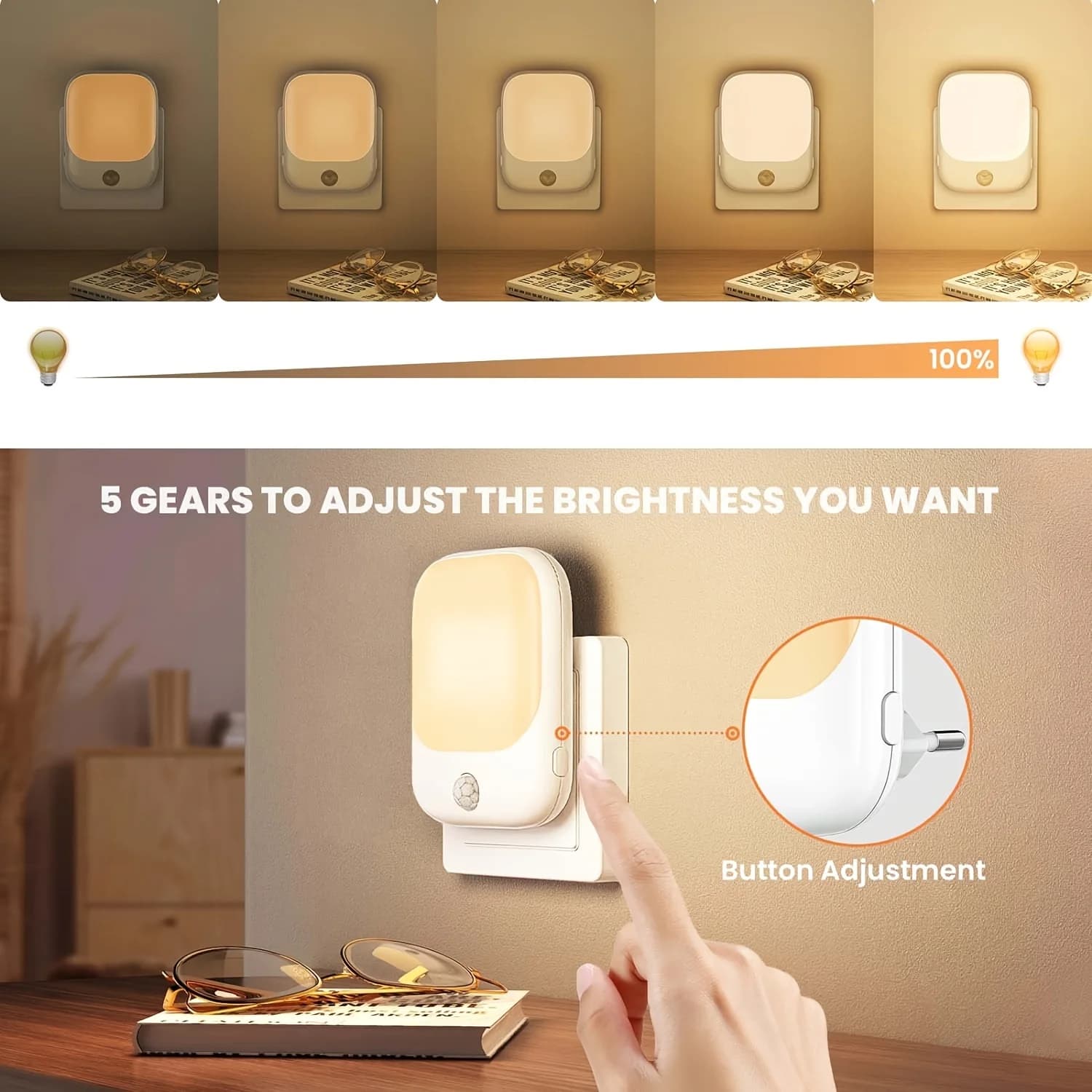 1/2Pc EU Plug Night Light with Motion Sensor, LED Night Light Socket with 3 Modes and 5 Brightness Dimmable for Bedroom