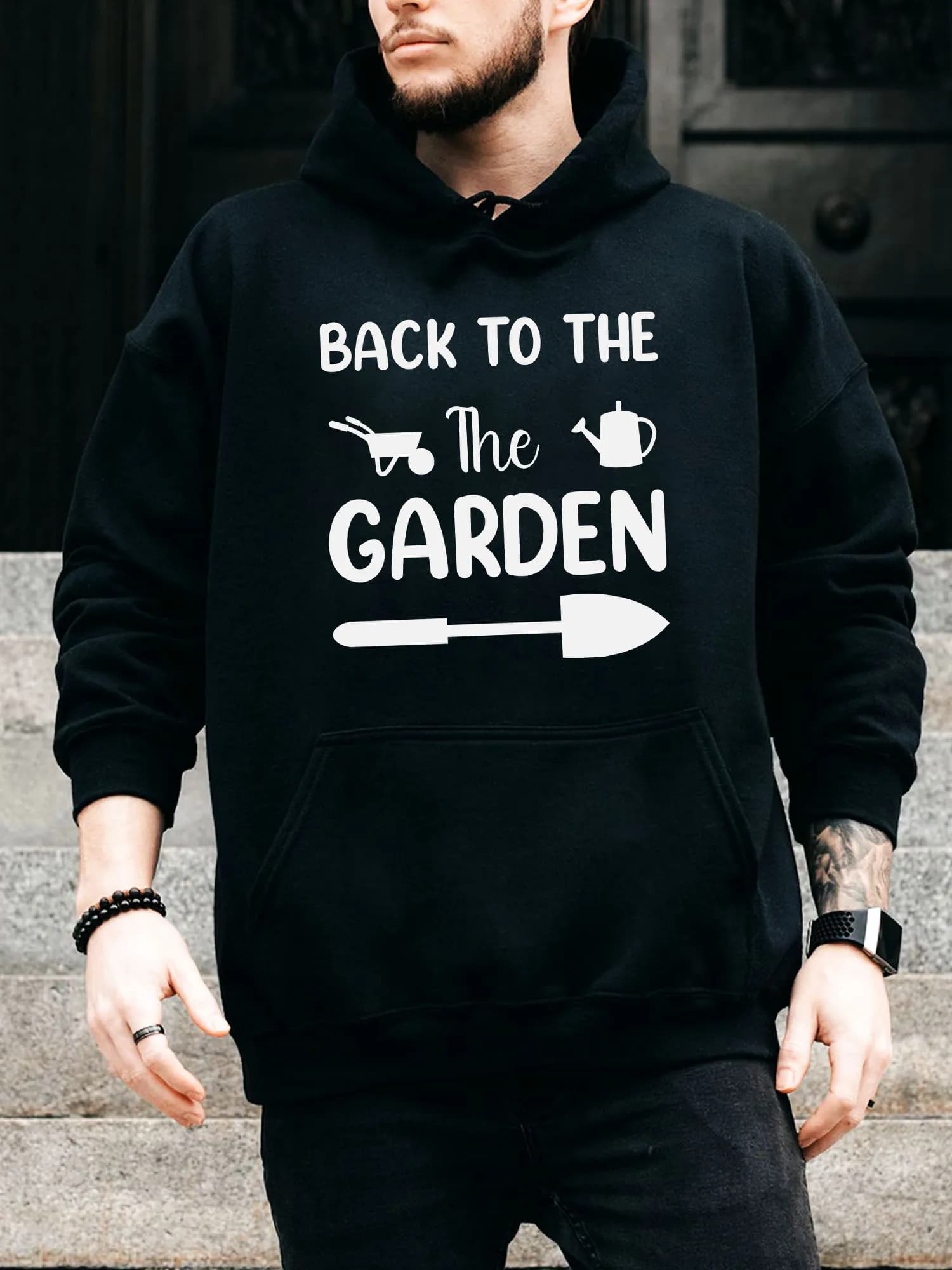 Felpa con cappuccio da uomo con coulisse Ritorno al giardino - Pullover nero casual e confortevole, felpa con cappuccio autunno e inverno