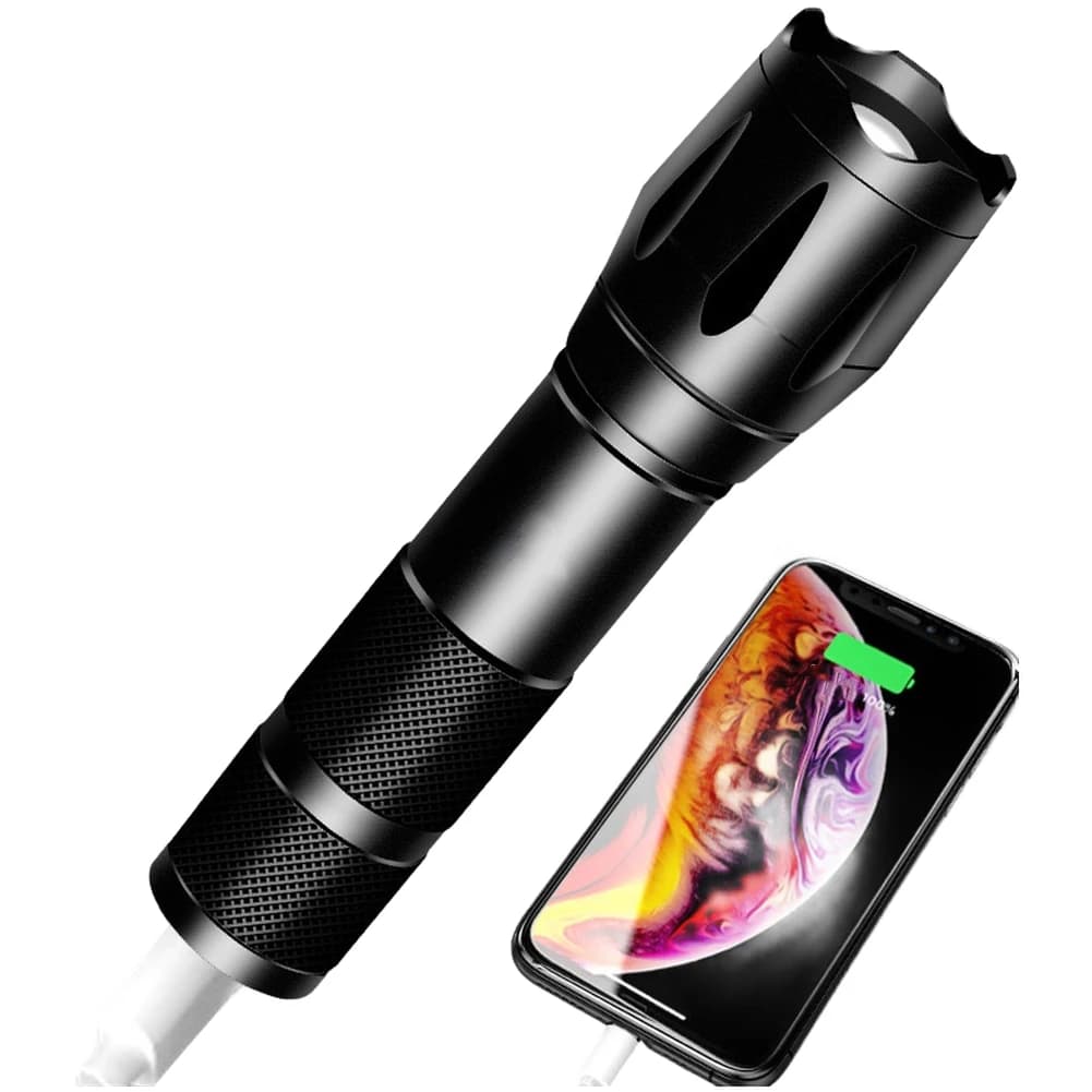 Torcia LED ricaricabile con funzione Power Bank, uscita USB portatile, zoom regolabile, illuminazione multimodale per la pesca notturna