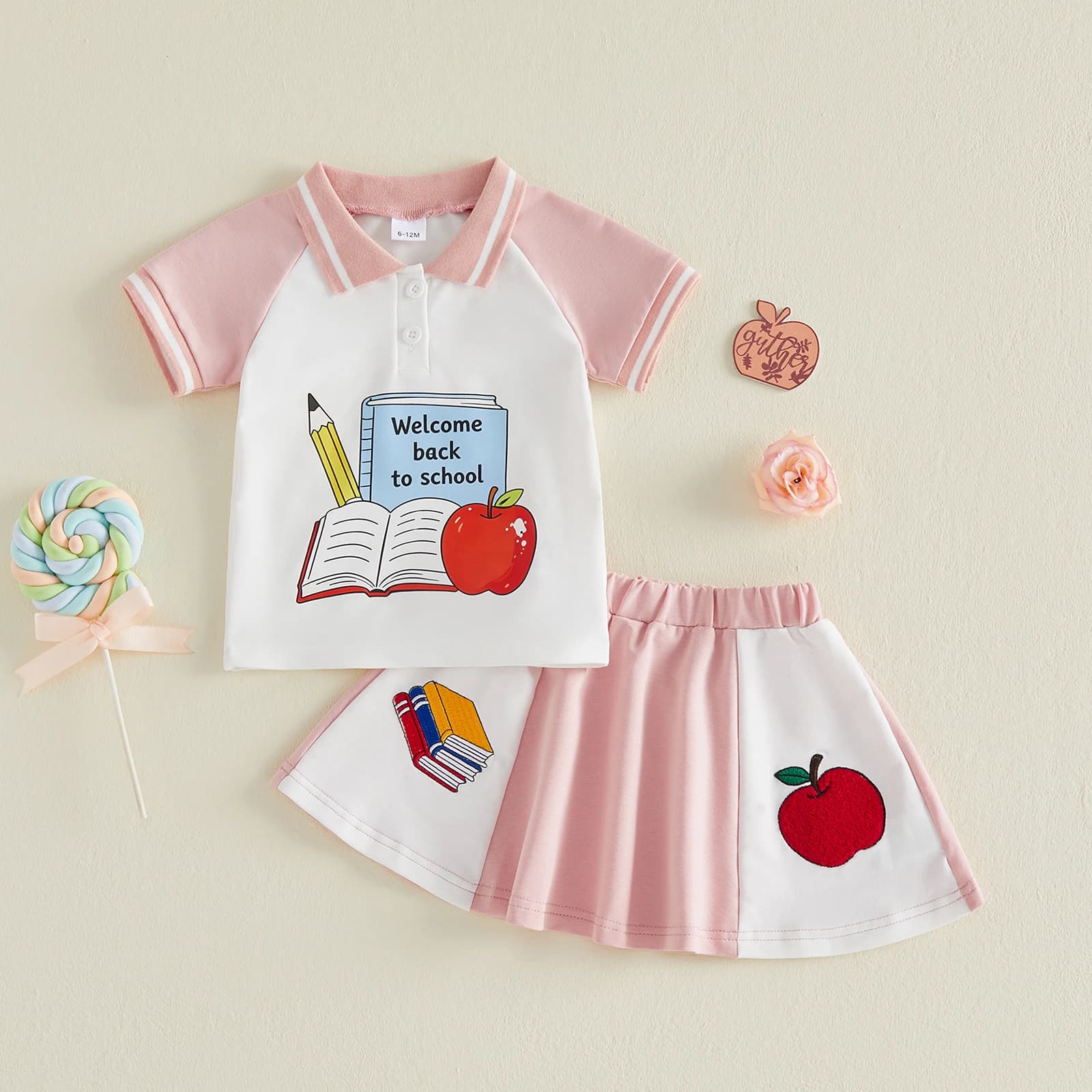 1-4Y Summer Baby Girls Outfit Short Sleeve Tops Skirt 2 Pcs Sets Preppy Book Pencil Apple Pattern Kids Back School Clothes