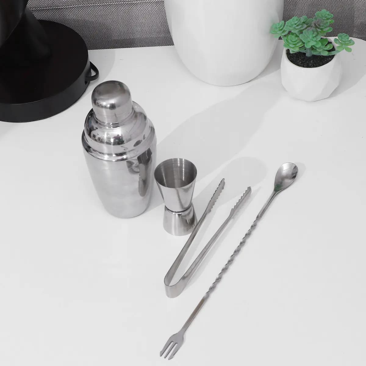 4Pcs Premium Stainless Steel Cocktail Making Kit Bartender Tools Set Includes Shaker Mixing Spoon Ice Tong Measure Cup Bar